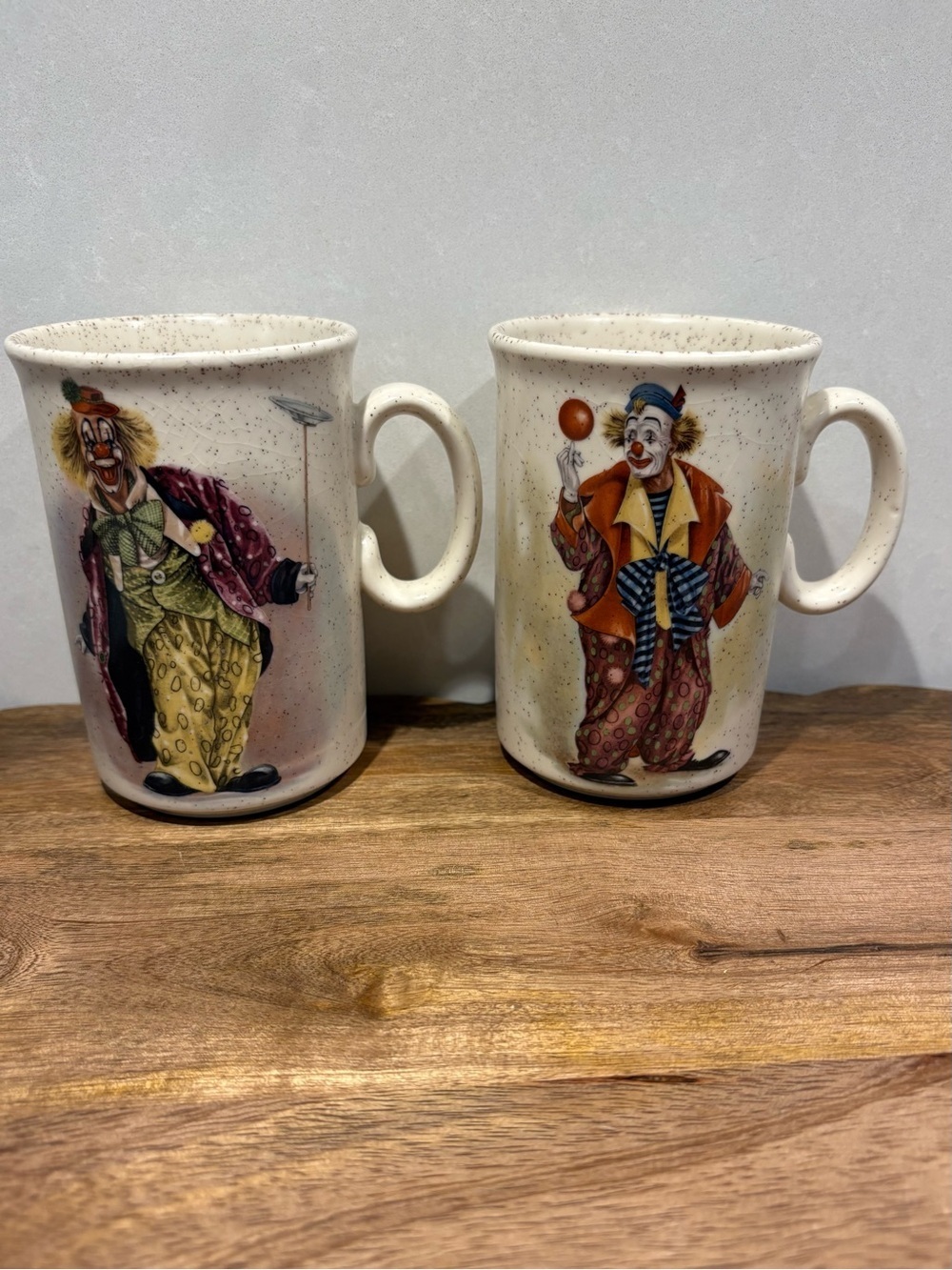 Vintage Clown Speckled Stoneware Mugs - Set of 2 - Made in England Cups